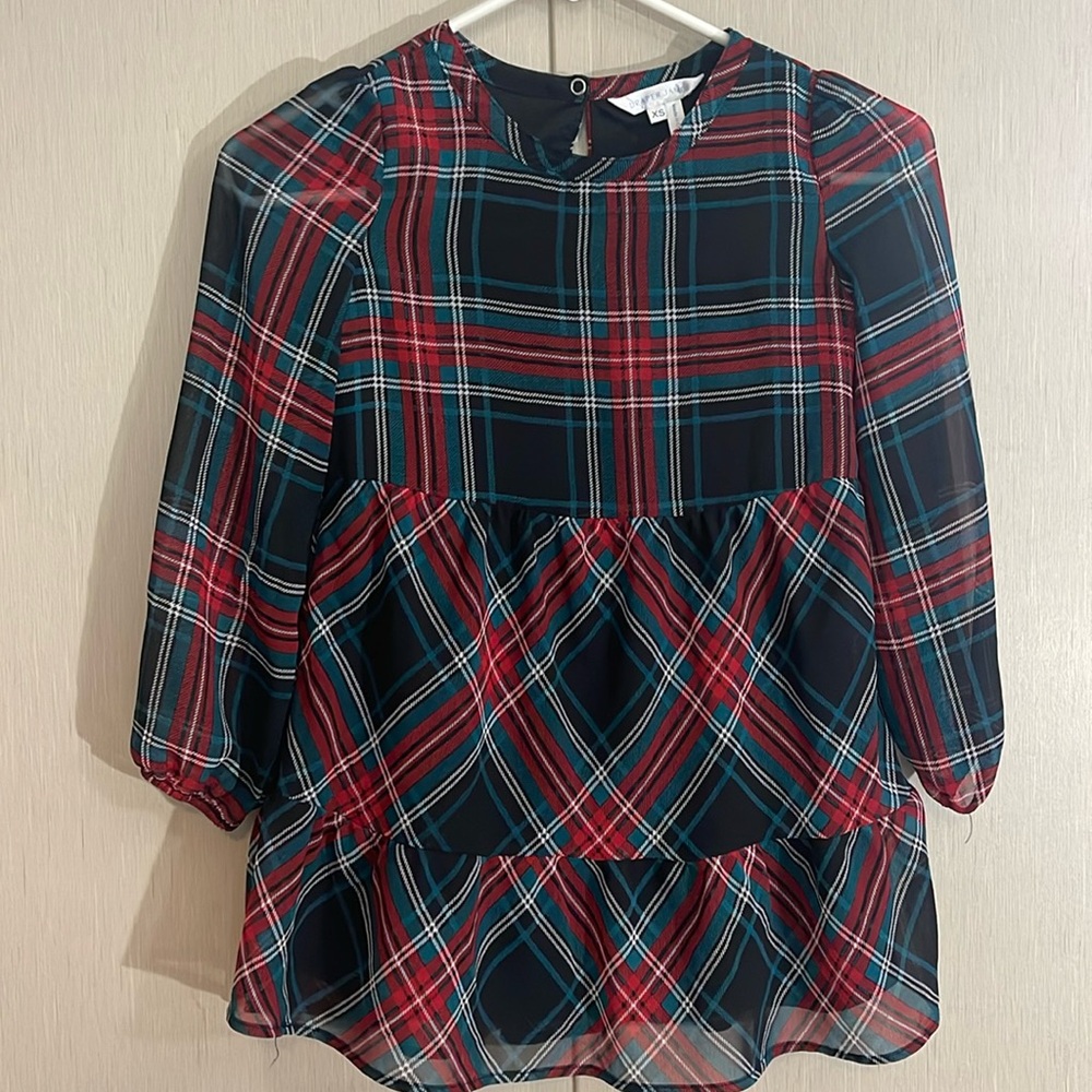Draper James plaid ruffle tiered top Christmas holiday green red xs